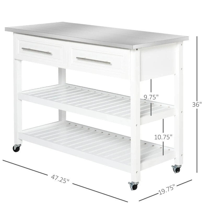 Wit kookeiland op wielen met 2 laden en roestvrijstalen blad - 47.25L x 19.75W x 36H inch