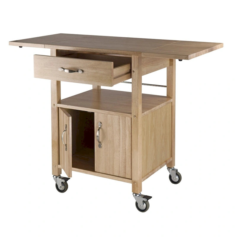Carrito de cocina con ala abatible, cajón y gabinete, acabado natural - 43.27 x 20.16 x 33.27 pulgadas