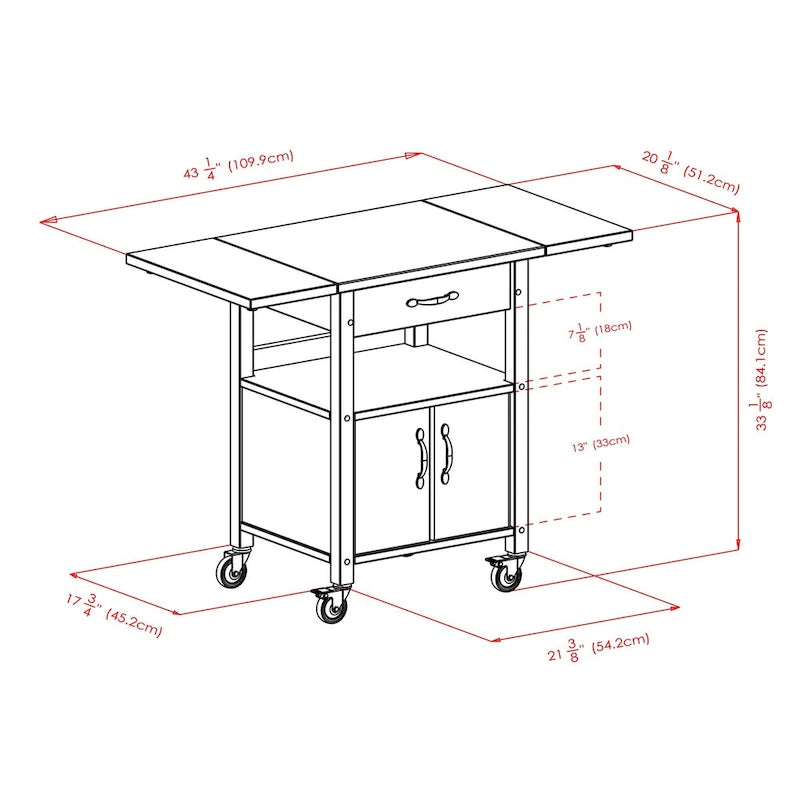 Carrito de cocina con ala abatible, cajón y gabinete, acabado natural - 43.27 x 20.16 x 33.27 pulgadas