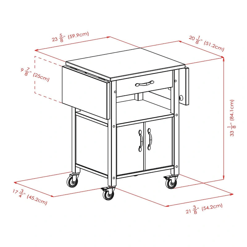 Carrito de cocina con ala abatible, cajón y gabinete, acabado natural - 43.27 x 20.16 x 33.27 pulgadas