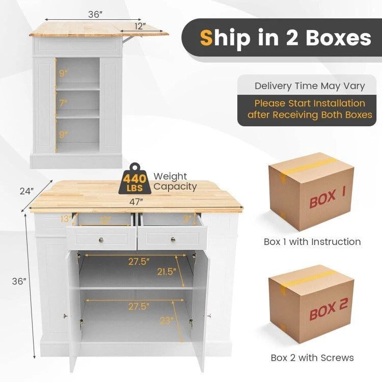 Isla de cocina con almacenamiento y estantes ajustables de 3 niveles - 47L x 36W x 36H pulgadas