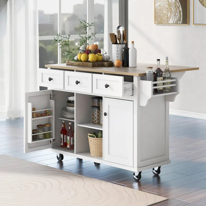 Carrito de cocina con encimera abatible de madera de caucho, armario de almacenamiento y 3 cajones