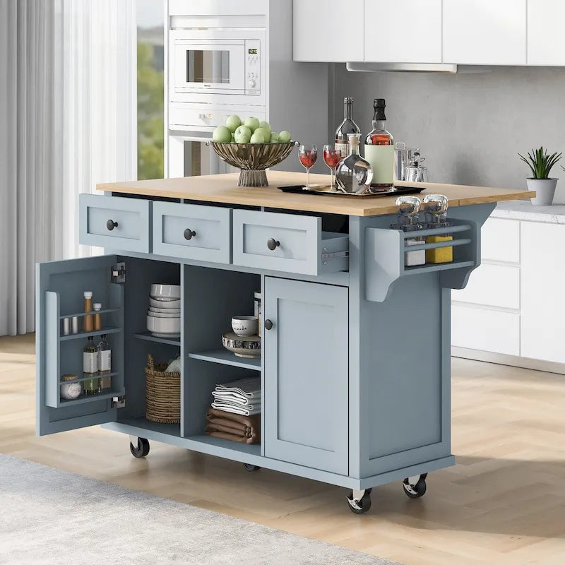 Carrito de cocina con encimera abatible de madera de caucho, armario de almacenamiento y 3 cajones