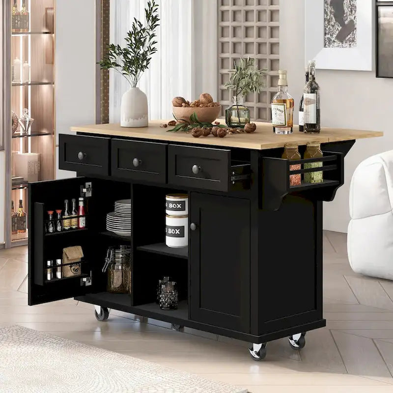 Carrito de cocina con encimera abatible de madera de caucho, armario de almacenamiento y 3 cajones