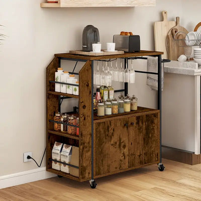 Rolling Portable Kitchen Island Cart with Power Outlet and Open Shelves