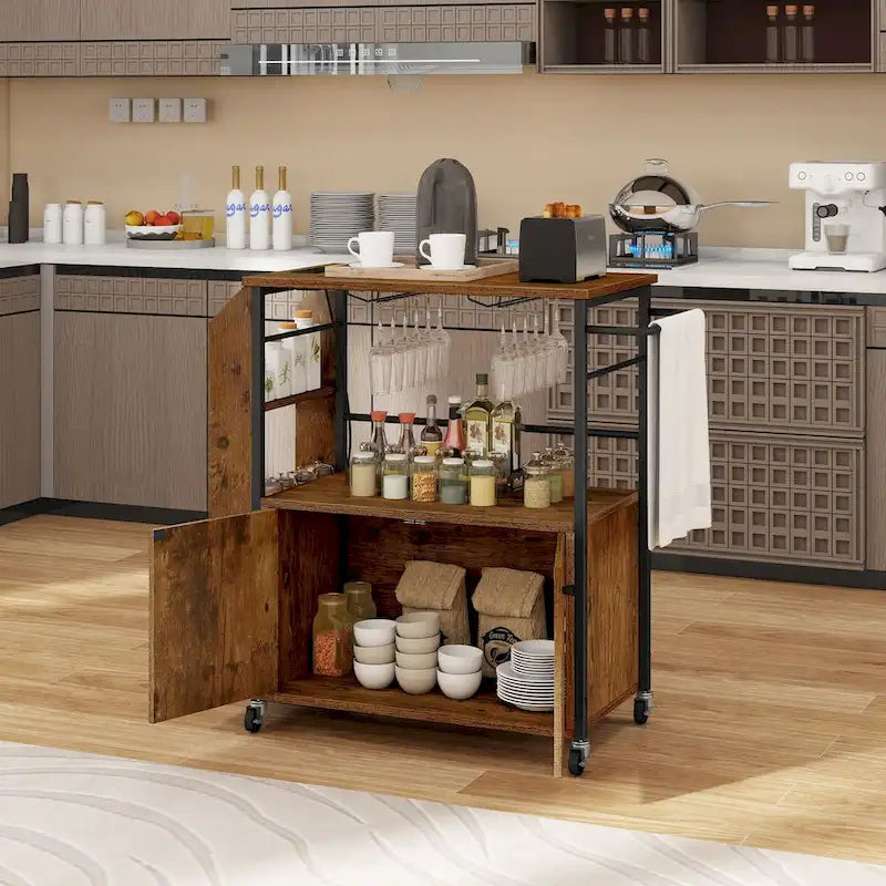 Carrito isla de cocina portátil con ruedas, toma de corriente y estantes abiertos