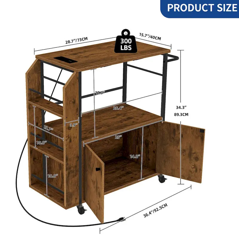 Carrito isla de cocina portátil con ruedas, toma de corriente y estantes abiertos