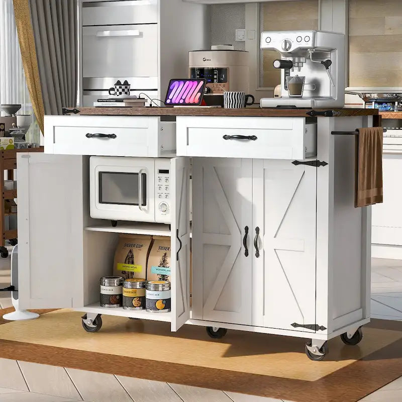 53.5-Inch Farmhouse Kitchen Island with Power Outlet and Drop Leaf