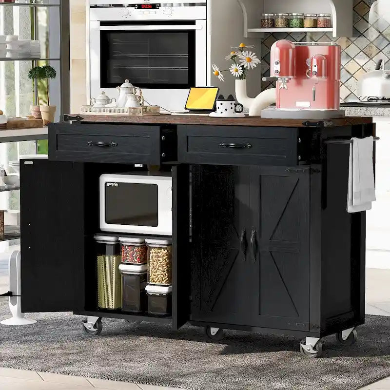 53.5-Inch Farmhouse Kitchen Island with Power Outlet and Drop Leaf