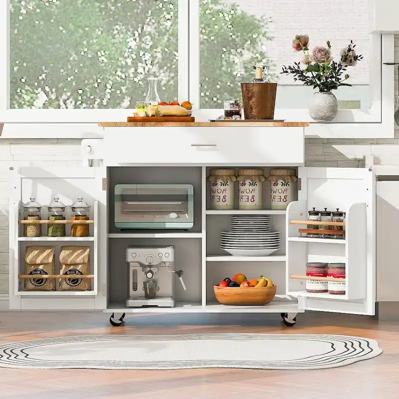 Carrito de cocina de 39 pulgadas de ancho con encimera moderna de madera de caucho, almacenamiento y toalleros