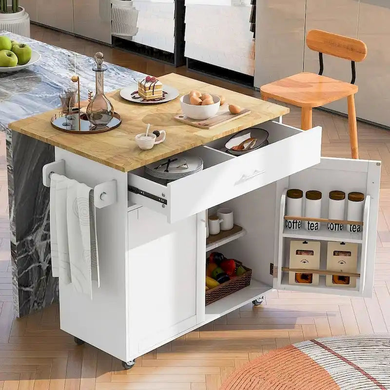 Carrito de cocina de 39 pulgadas de ancho con encimera moderna de madera de caucho, almacenamiento y toalleros