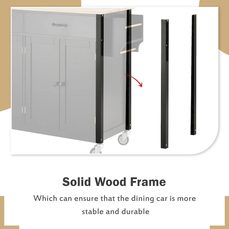 Kücheninselwagen mit Massivholzplatte und feststellbaren Rollen