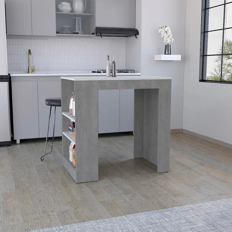 Isla de cocina con tres estantes laterales, gris concreto / mármol Ibiza