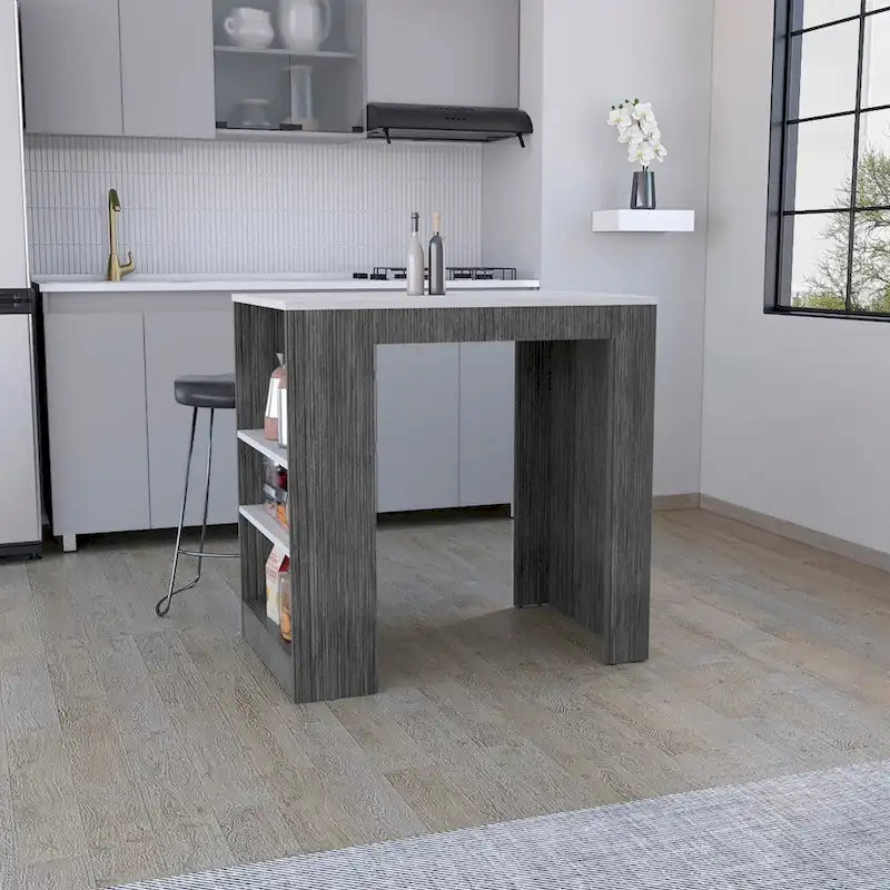 Isla de cocina con tres estantes laterales, gris concreto / mármol Ibiza