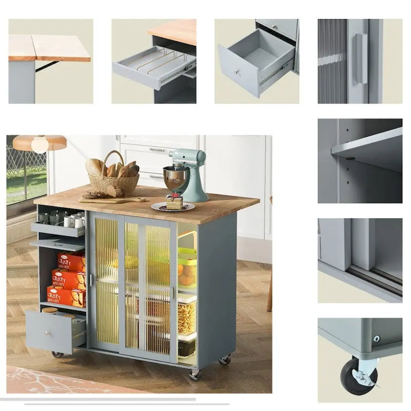Carrito de cocina con luz LED, ala abatible y estante ajustable