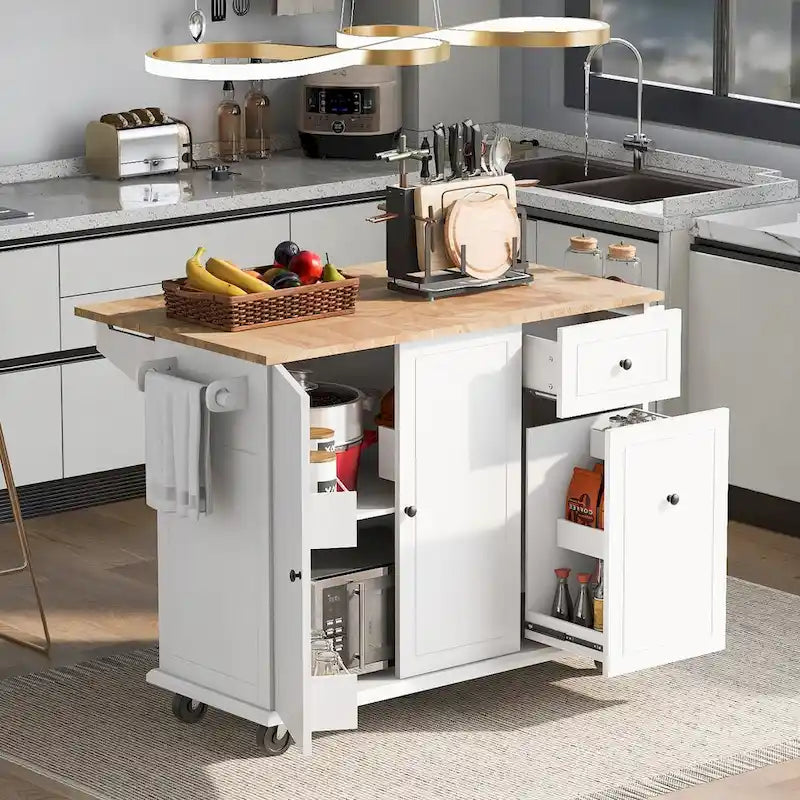 Carrito isla de cocina de 53.9 pulgadas con ala abatible y ruedas