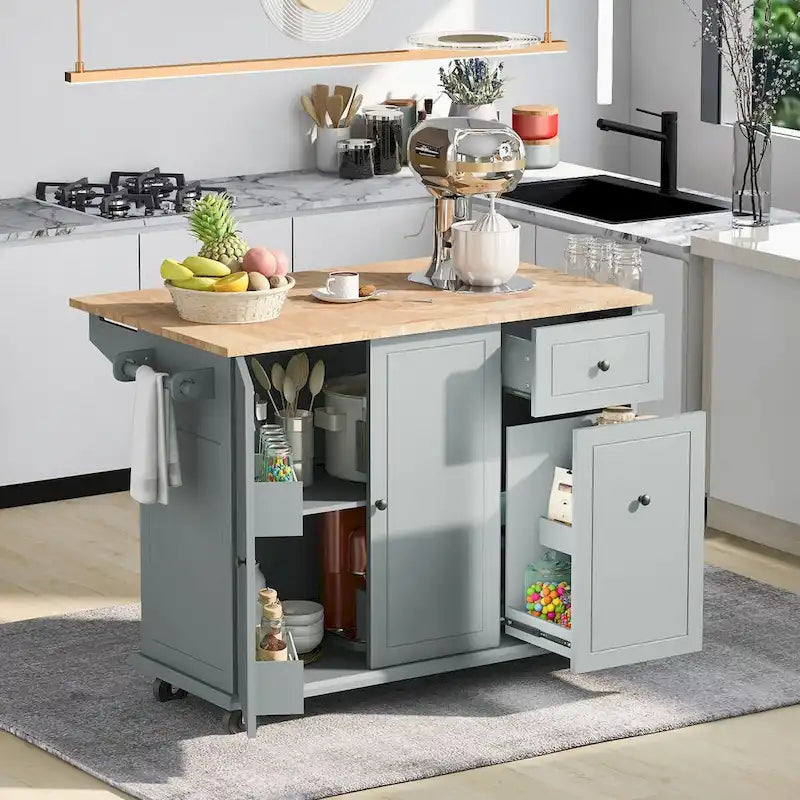 Carrito isla de cocina de 53.9 pulgadas con ala abatible y ruedas