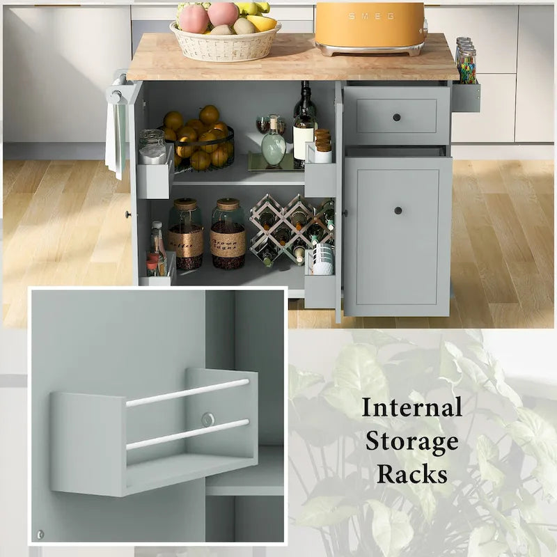 Carrito isla de cocina de 53.9 pulgadas con ala abatible y ruedas