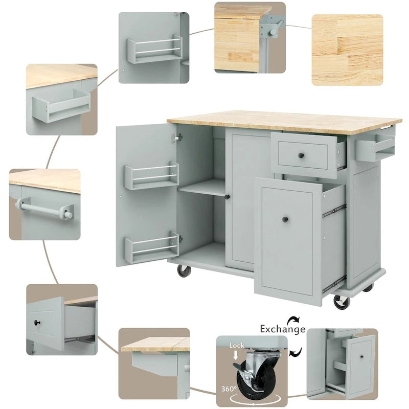 Carrito isla de cocina de 53.9 pulgadas con ala abatible y ruedas