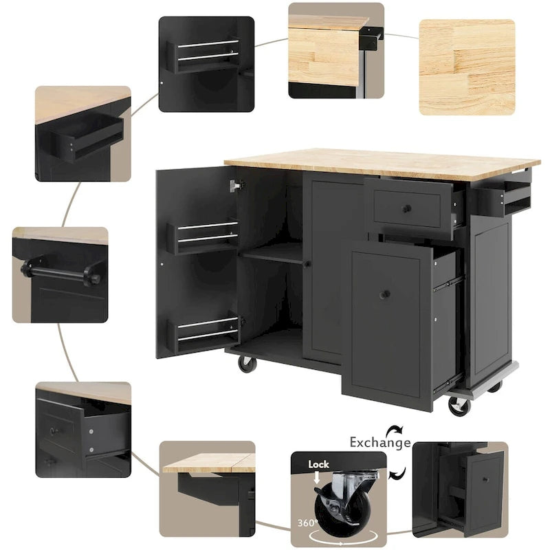 Carrito isla de cocina de 53.9 pulgadas con ala abatible y ruedas