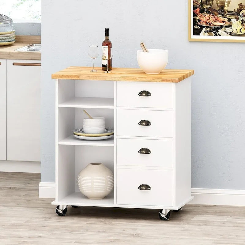 Carrito de cocina contemporáneo de madera con ruedas, cajones y armario