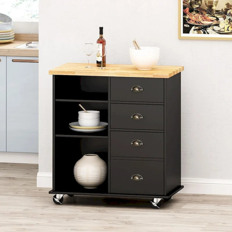 Carrito de cocina contemporáneo de madera con ruedas, cajones y armario