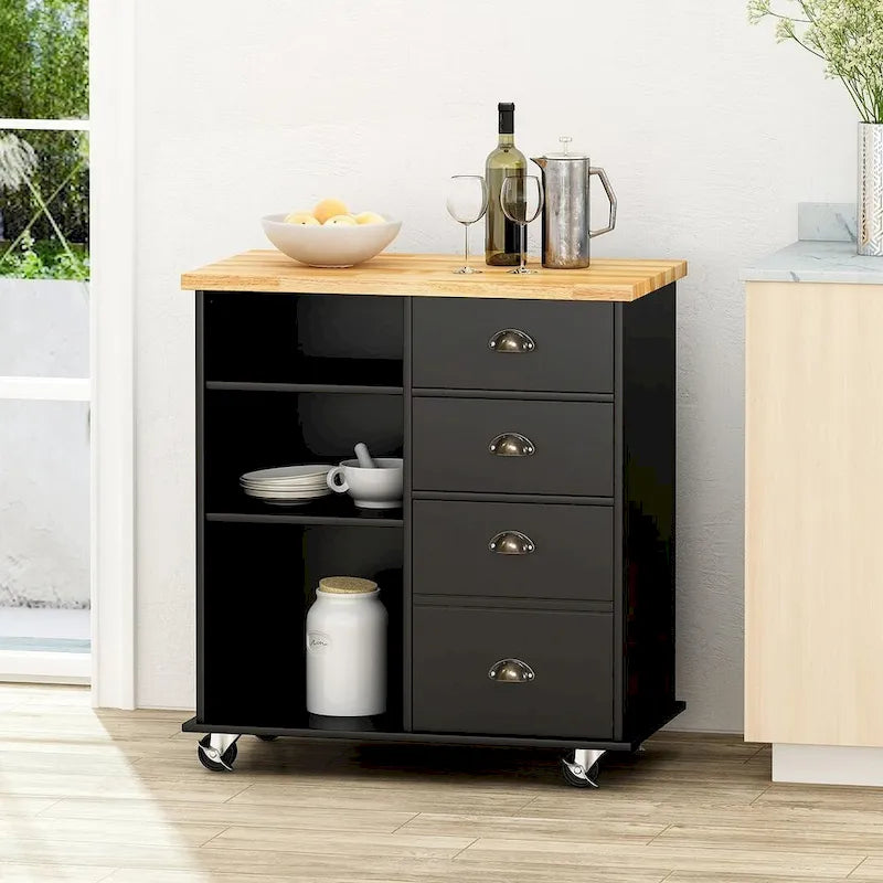 Desserte de cuisine contemporaine en bois avec roulettes, tiroirs et placard