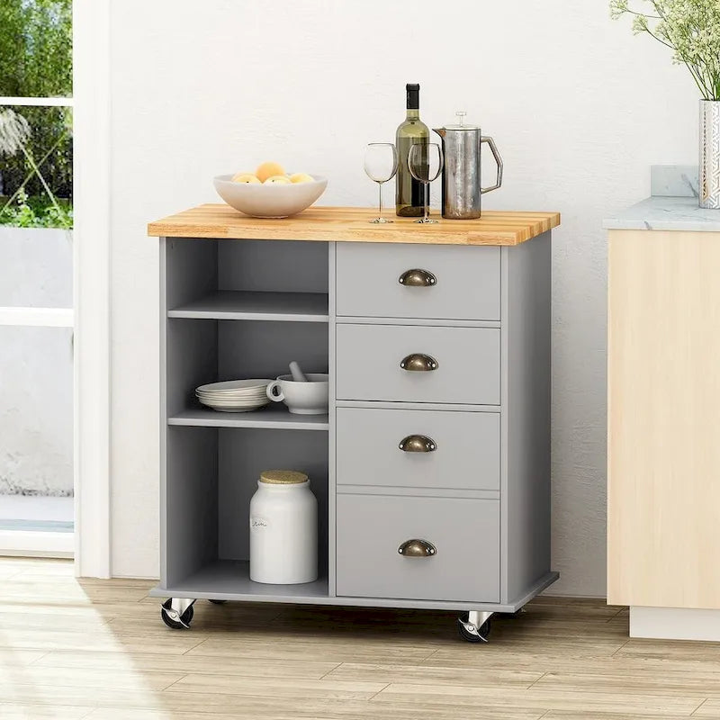 Desserte de cuisine contemporaine en bois avec roulettes, tiroirs et placard