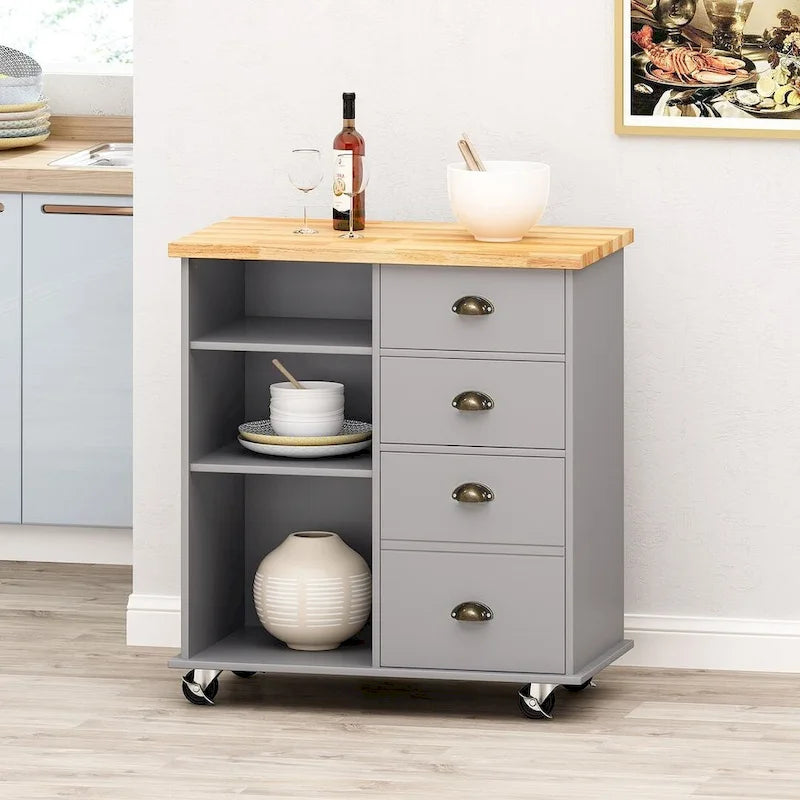 Desserte de cuisine contemporaine en bois avec roulettes, tiroirs et placard