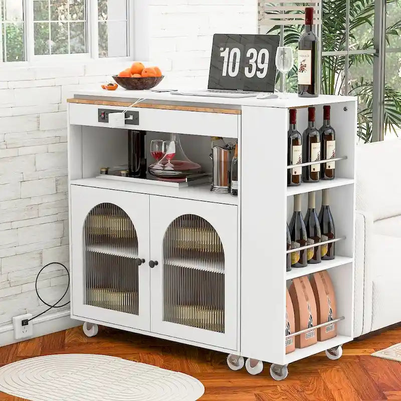 Desserte îlot de cuisine avec éclairage LED, table extensible et prises de courant
