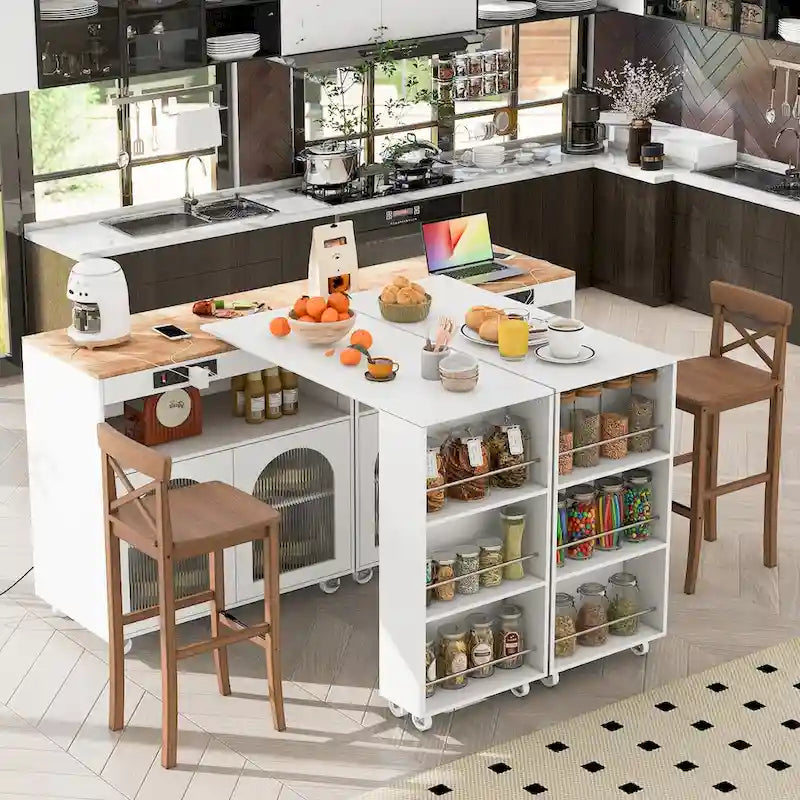 Desserte îlot de cuisine avec éclairage LED, table extensible et prises de courant