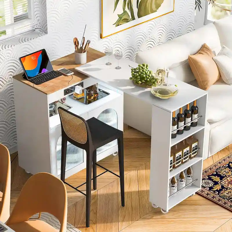 Desserte îlot de cuisine avec éclairage LED, table extensible et prises de courant