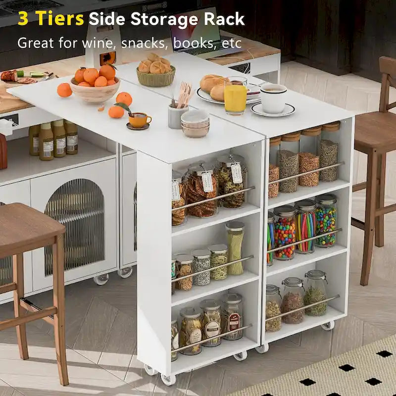 Desserte îlot de cuisine avec éclairage LED, table extensible et prises de courant