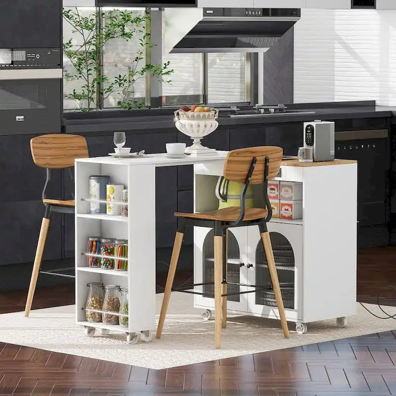 Desserte îlot de cuisine avec éclairage LED, table extensible et prises de courant