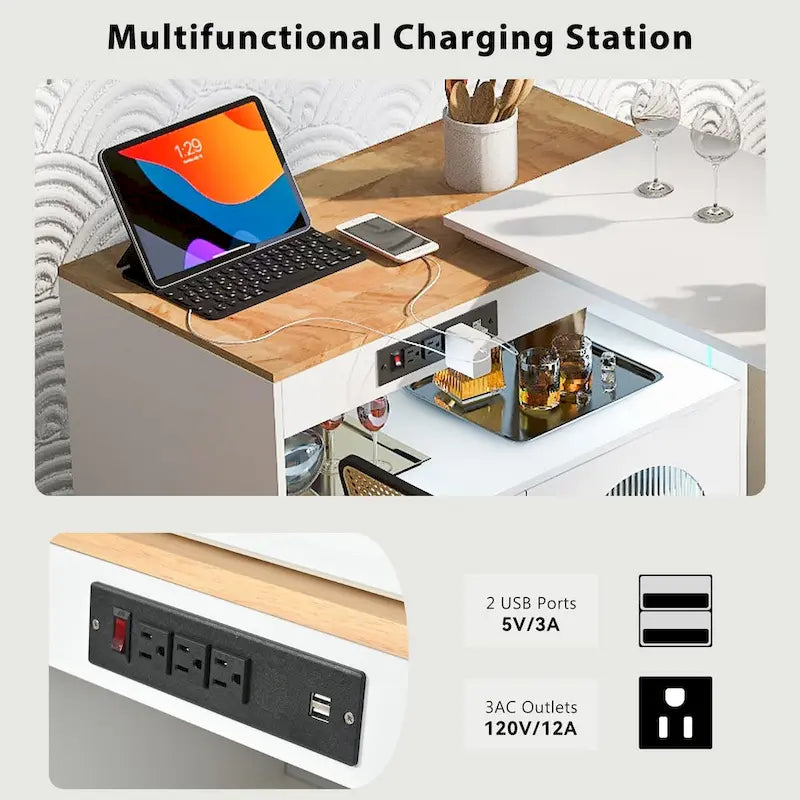 Desserte îlot de cuisine avec éclairage LED, table extensible et prises de courant