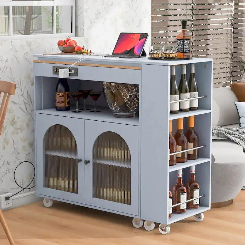Desserte îlot de cuisine avec éclairage LED, table extensible et prises de courant