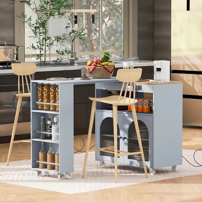 Desserte îlot de cuisine avec éclairage LED, table extensible et prises de courant