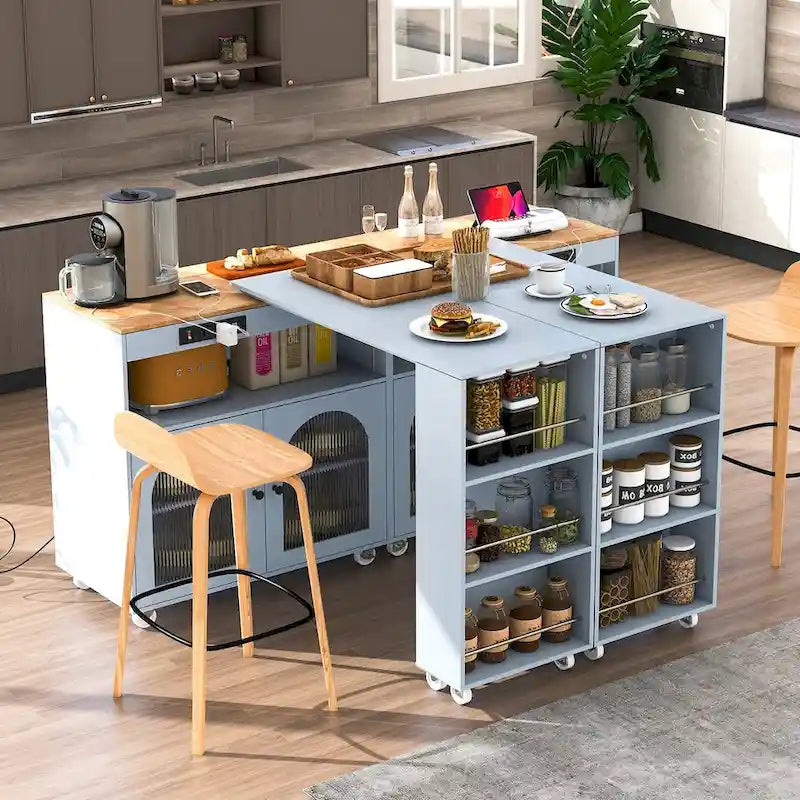 Desserte îlot de cuisine avec éclairage LED, table extensible et prises de courant