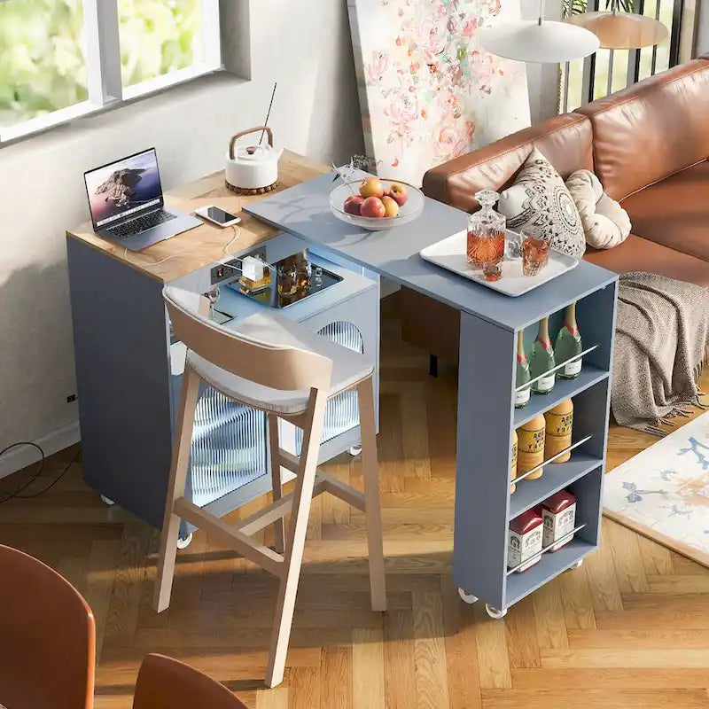 Desserte îlot de cuisine avec éclairage LED, table extensible et prises de courant