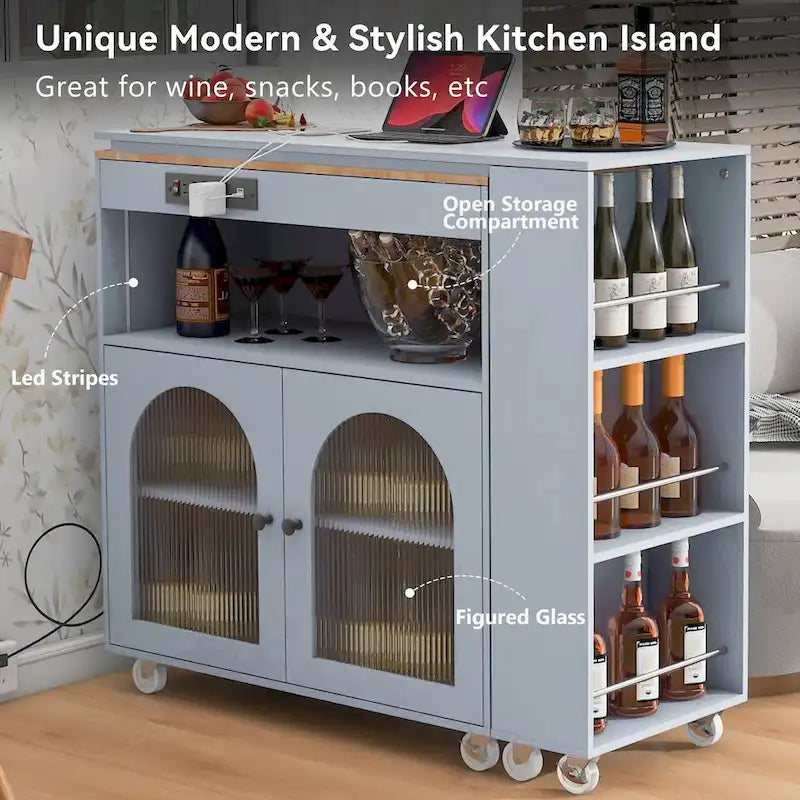Desserte îlot de cuisine avec éclairage LED, table extensible et prises de courant