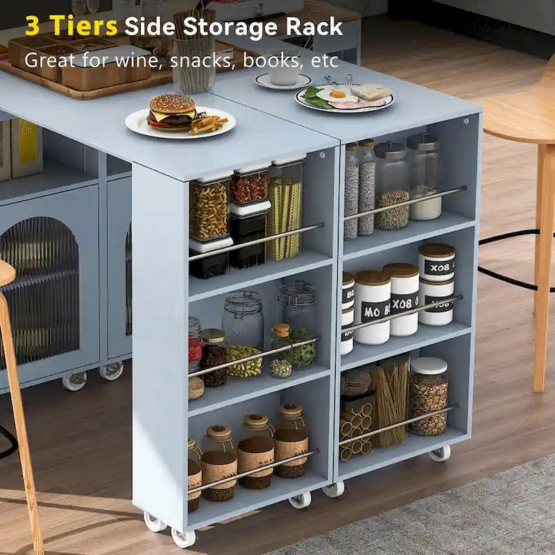 Desserte îlot de cuisine avec éclairage LED, table extensible et prises de courant