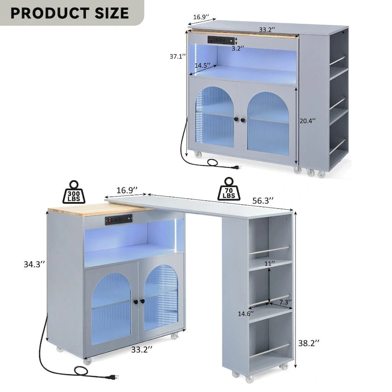 Desserte îlot de cuisine avec éclairage LED, table extensible et prises de courant