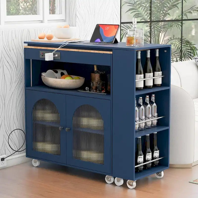Desserte îlot de cuisine avec éclairage LED, table extensible et prises de courant