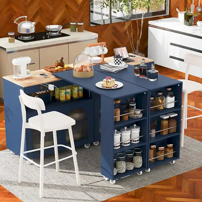 Desserte îlot de cuisine avec éclairage LED, table extensible et prises de courant
