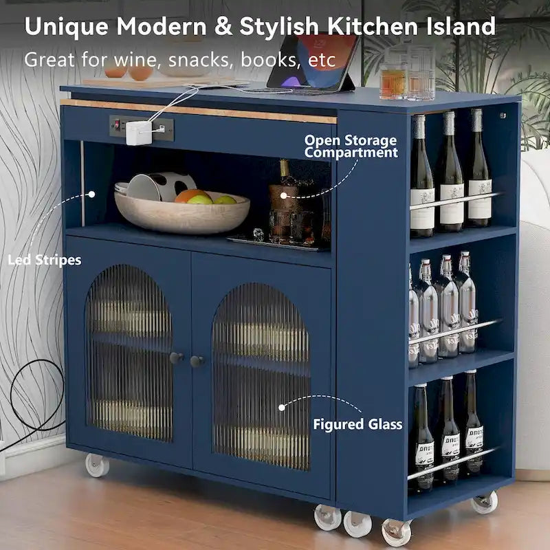 Desserte îlot de cuisine avec éclairage LED, table extensible et prises de courant