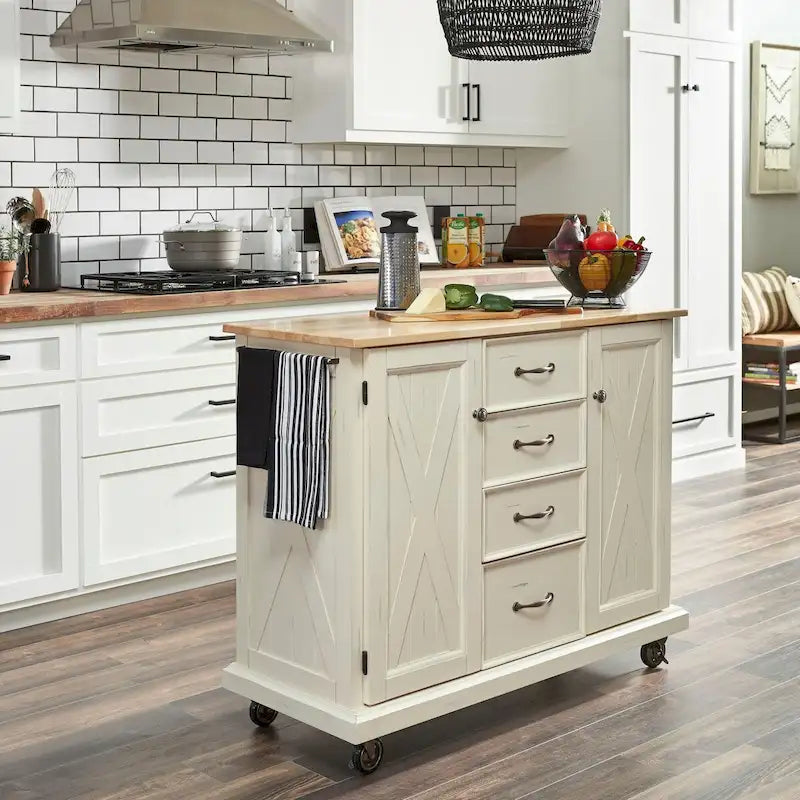Carrito de cocina de madera color blanco roto - 45 x 36 x 16 pulgadas