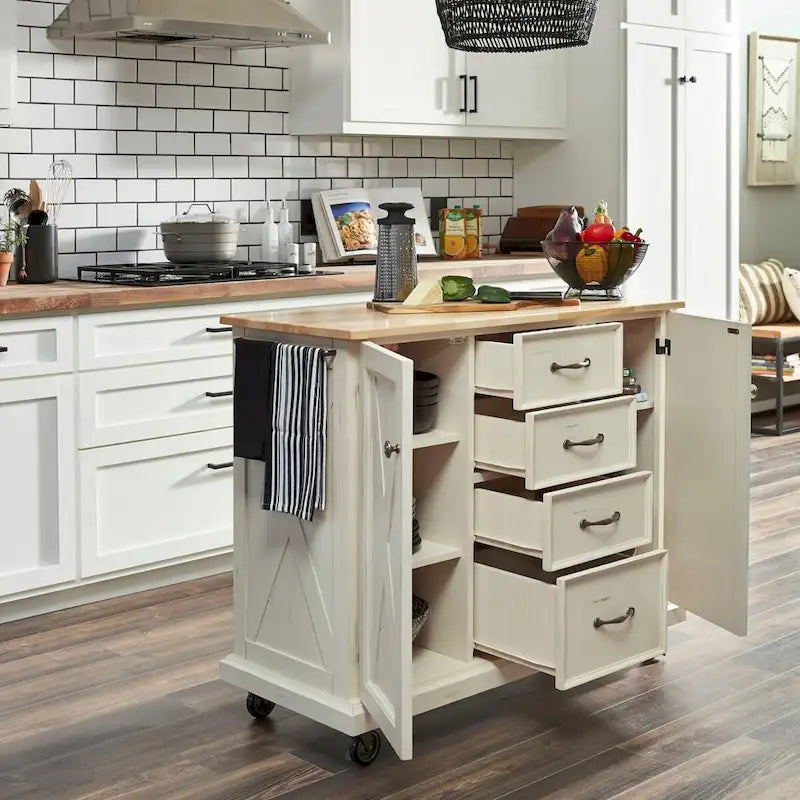 Carrito de cocina de madera color blanco roto - 45 x 36 x 16 pulgadas