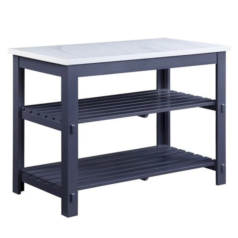 50 Inch Kitchen Island, Faux Marble Top, 2 Slatted Shelves, Gray
