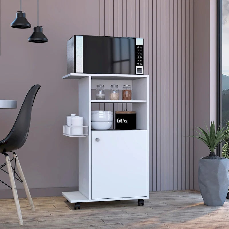 Carrito de cocina con armario de una puerta y cuatro ruedas giratorias