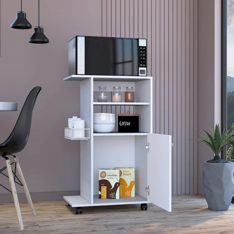 Carrito de cocina con armario de una puerta y cuatro ruedas giratorias